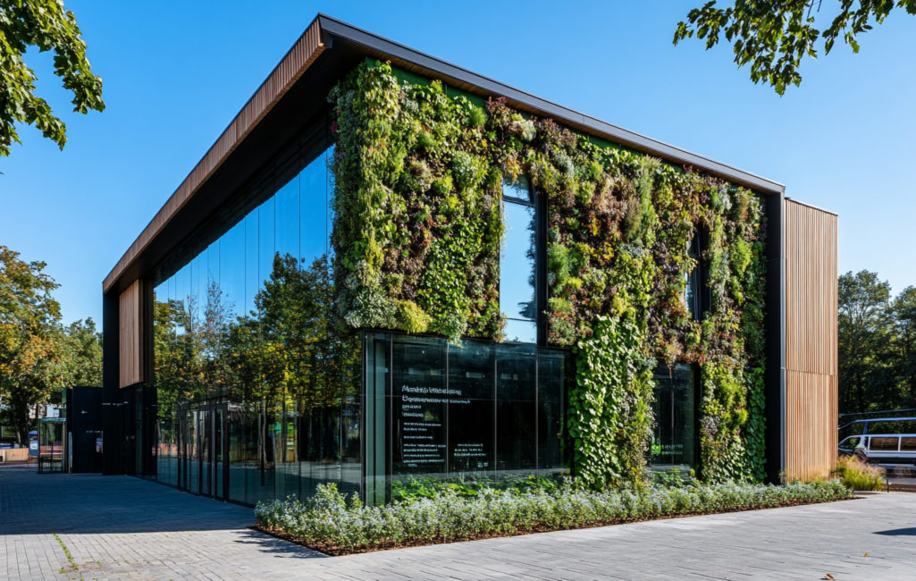 modern-building-with-living-wall-plants-trees-glass-exterior-sunny-day