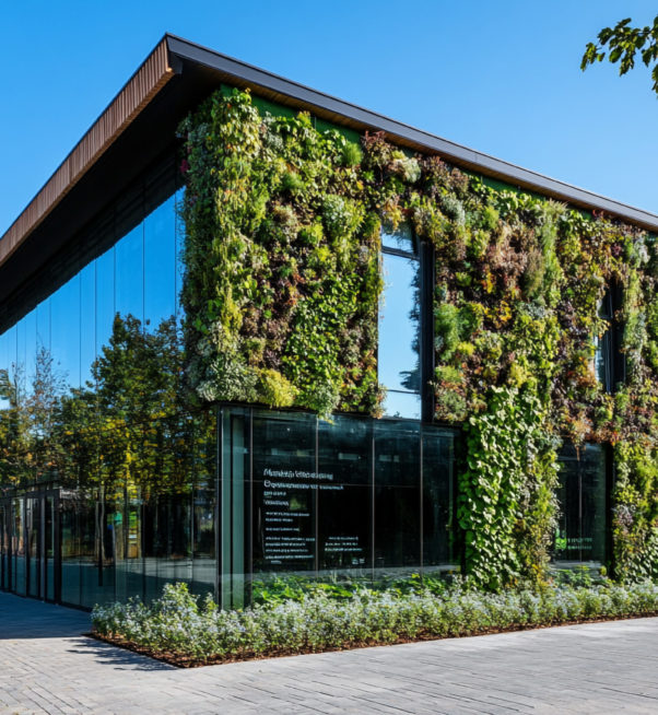 modern-building-with-living-wall-plants-trees-glass-exterior-sunny-day
