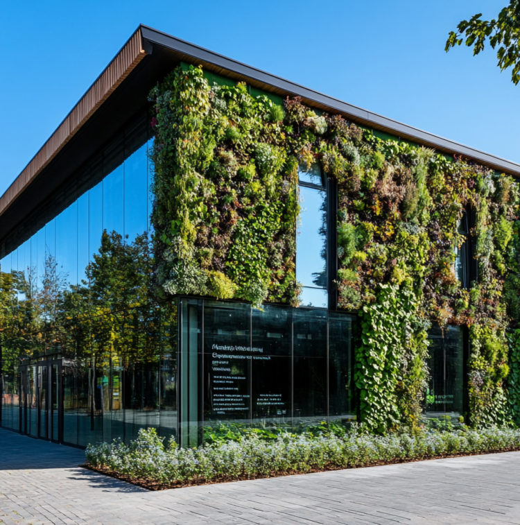 modern-building-with-living-wall-plants-trees-glass-exterior-sunny-day